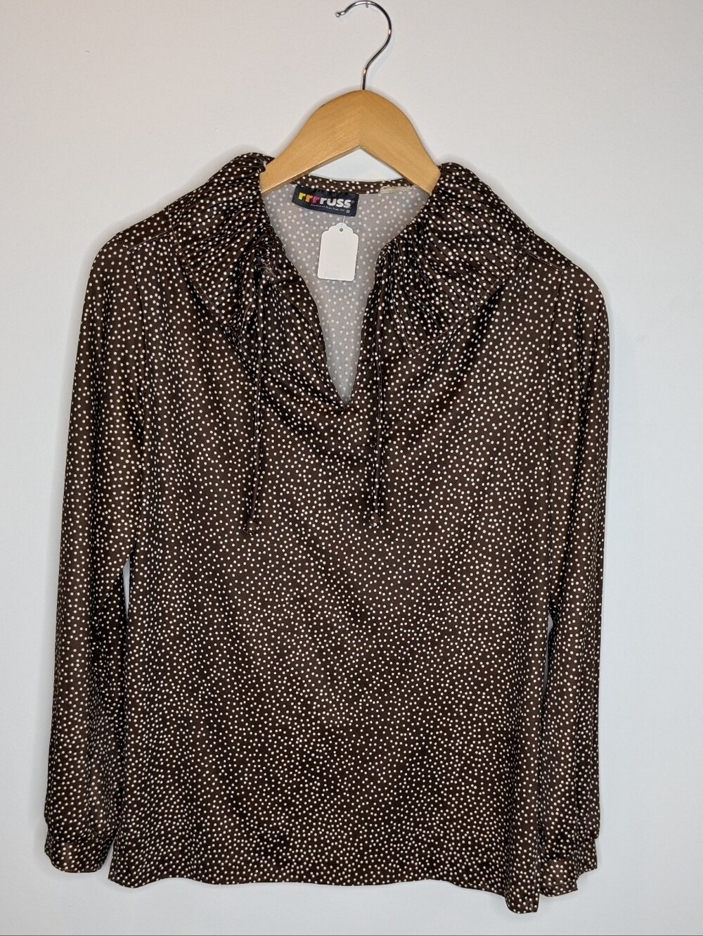 Vintage Russ Brown & Cream Polka Dot Long-Sleeve Blouse Medium